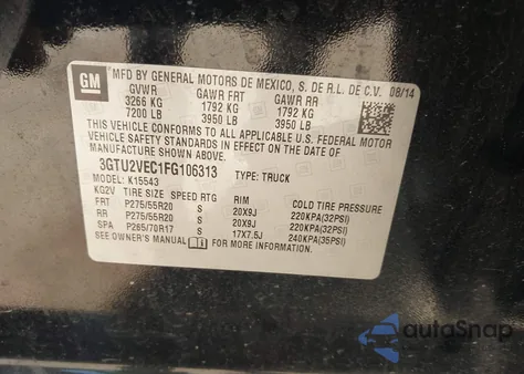 2015 GMC Sierra 1500 Slt from USA, damaged, VIN 3GTU2VEC1FG106313